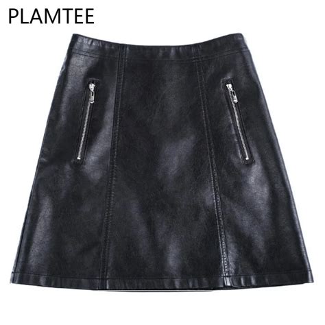 Plamtee Fashion Black A Line Skirt Black Pu Leather Zipper Street Short Skirt Women Plus Size
