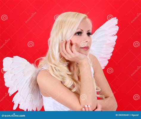 Beautiful Blonde Angel Girl Over Red Stock Photo Image Of Dream Cute