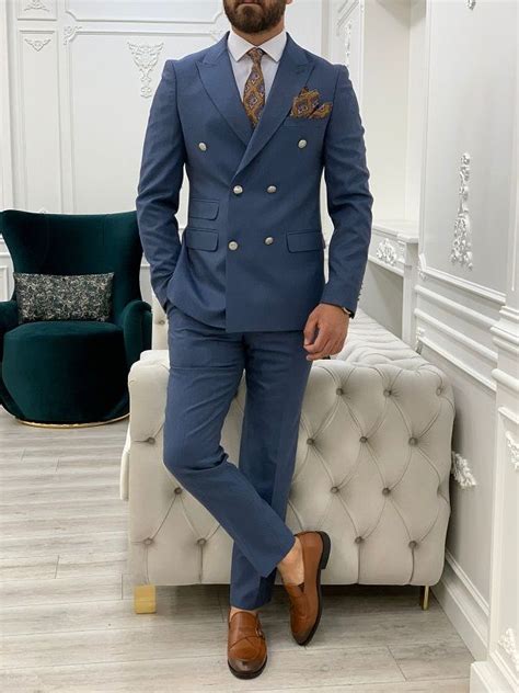 Blue Slim Fit Double Breasted Suit For Men By Double