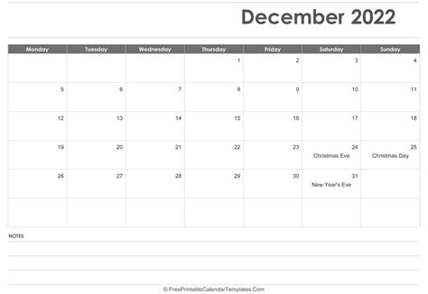December 2022 Calendar Printable With Holidays