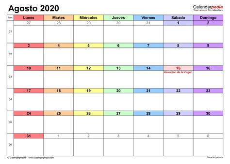 Calendario Agosto 2020 En Word Excel Y Pdf Calendarpedia