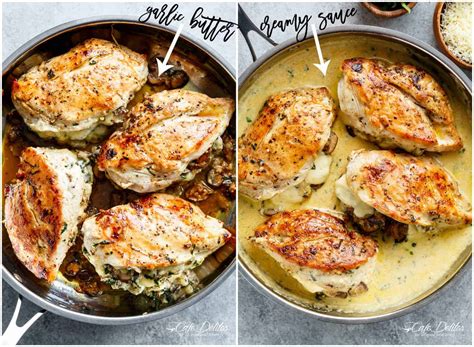 Remove chicken from large saucepan to a plate. Cheesy Garlic Butter Mushroom Stuffed Chicken - Cafe Delites