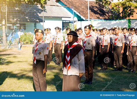 Indonesian High School Students Wearing Full Scout Uniforms Lined Up In