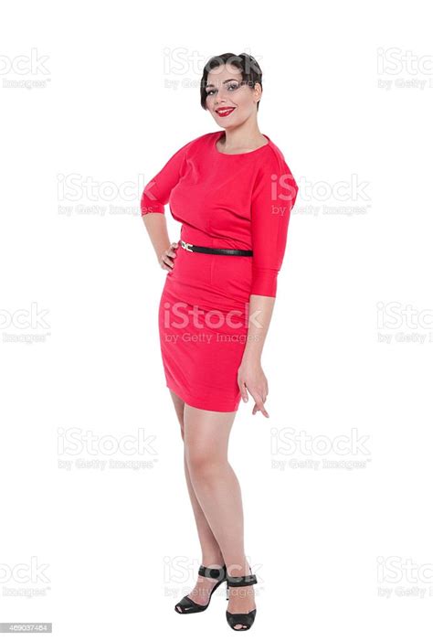 Beautiful Plus Size Woman In Red Dress Posing Isolated Stock Photo