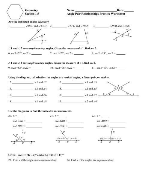Fill in the correct angle. 1.5 Angle Pair Relationships Practice Worksheet day 1.jnt