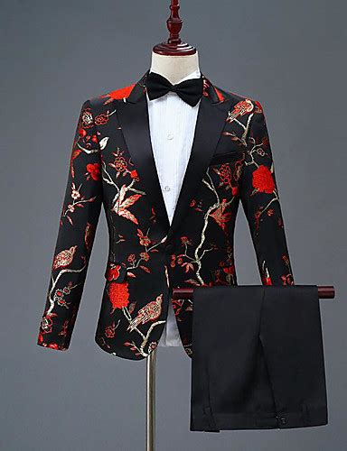 black patterned slim fit polyester suit peak single breasted one button suits 7334457 2020