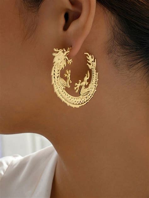 1pair exaggerated zodiac dragon design metallic drop earrings for women ideal for festival