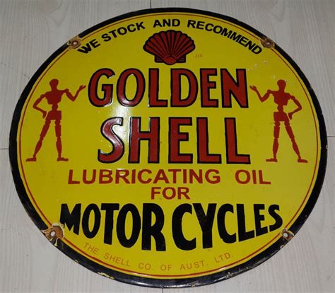 Old Vintage Porcelain Golden Shell Motor Cycle Enamel Sign Vintage Advertising Art Advertising