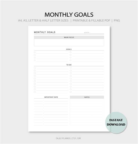 Monthly Goals Monthly Planner Planner Calendar Goals Printable