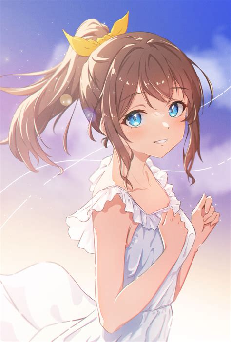 safebooru 1girl absurdres backlighting bang dream bare arms blue eyes blue sky blurry breasts