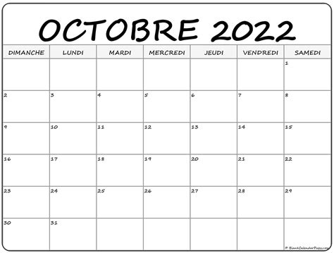 octobre 2022 calendrier imprimable | Calendrier gratuit