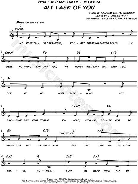 Think of me, angel of music, the phantom of the opera wishing you were somehow. Print and download lead sheets for All I Ask of You from The Phantom of the Opera Includes ...
