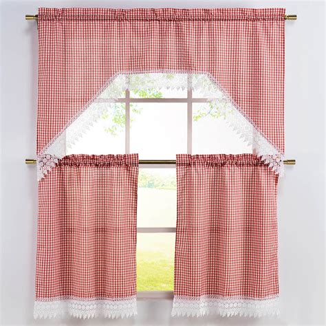 3 Piece Embroidered Red Check Gingham Kitchen Curtain 36 Tiers And 36