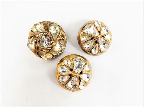 Gold Metal Domed Rhinestone Buttons Set In Metal 1930s Etsy