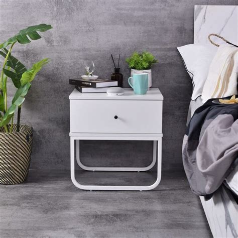 Stylish Modern White Bedside Table With Drawer Rounded Base For