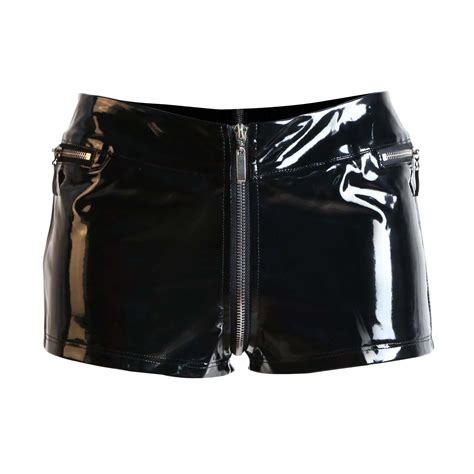 top quality sexy women pvc shorts special front zipper to crotch shiny shorts wetlook black