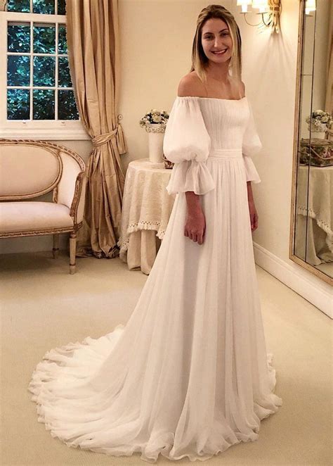 Cool Chiffon Off The Shoulder A Line Wedding Dresses With Puff Sleeves