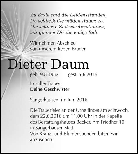Traueranzeigen Von Dieter Daum Abschied Nehmende