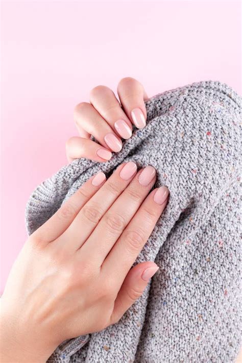 Hands With Nude Nails With Knitted Fabric Stock Photo Image Of Girl