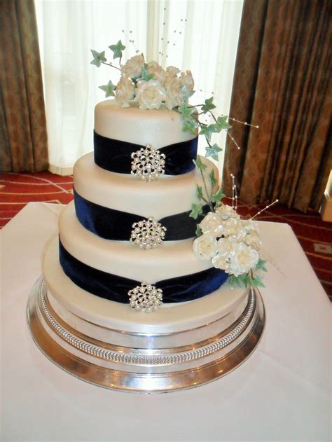 3 Tier With White Roses Blue Ribbon Wedding Cake Wedding Cake Ribbon