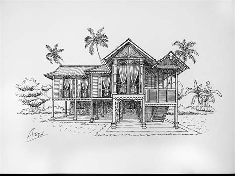 Koleksi Lukisan Rumah Tradisional Melayu Arda Wooden House Design House Illustration Asian