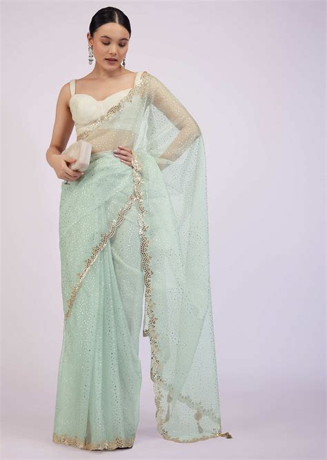 Buy Powder Blue Organza Saree With Embroidery Online