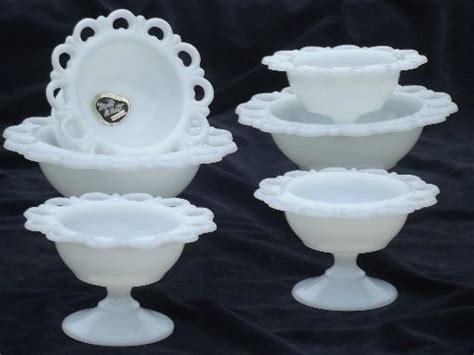 Vintage Lace Edge Milk Glass Dishes Set Plates Bowls Sherbet Dishes