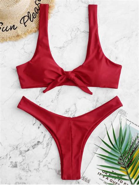 [55 off] [popular] 2020 zaful tie front high leg tank bikini swimsuit in red zaful