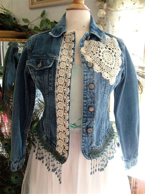 Repurposed Denim Jacket With Added Lace Decor And Fringe Etsy