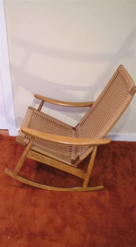 Mid Century Modern Hans Wegner Style Woven Rope Cord Rocking Chair