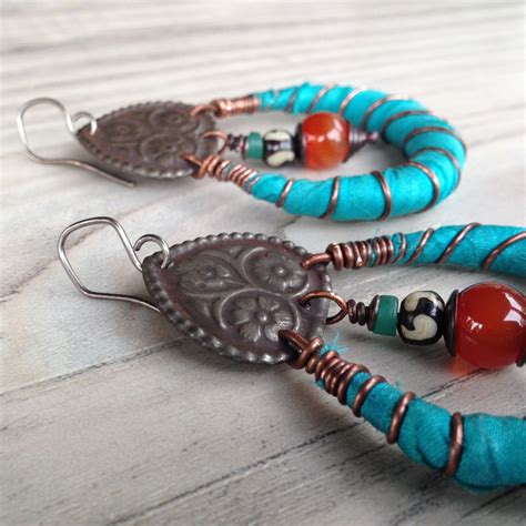 Chandelier Hoops Turquoise Silk Wrapped Amulet Hoops Etsy