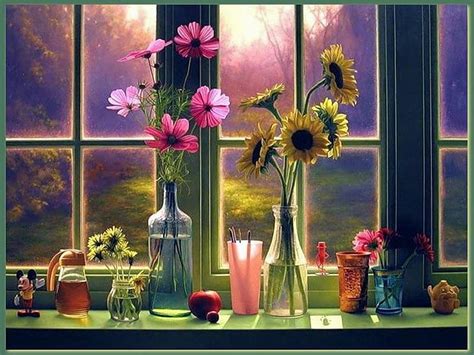 Flowers In The Window Sill Window Vases Flowers Nature Hd