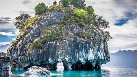 Nature Landscape Marble Cathedral Rock Lake Island Trees Shrubs Patagonia Chile