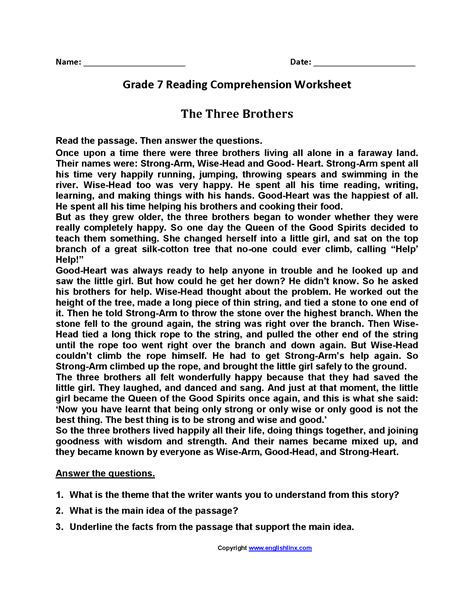 Seventh Grade Reading Comprehension Worksheet