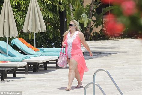 gemma collins shows off her poolside style in pink kaftan as she joins the rest of the towie