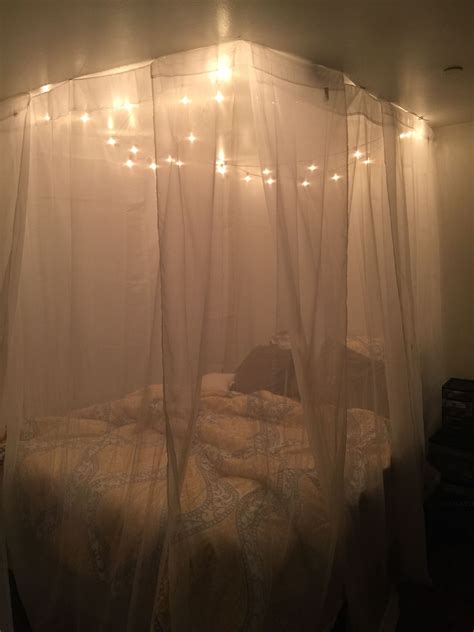 My ceiling mounted bed canopy consisting of eyebolts, turn buckles and wire. My recreation of a homemade canopy with lights | Romantic ...