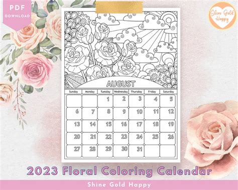 2023 Floral Coloring Calendar Printable Calendar 2023 Pdf Etsy