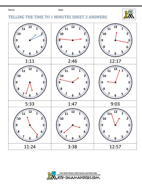 Telling The Time To 1 Minute Sheet 3 Answers 7 Best Clock Worksheets