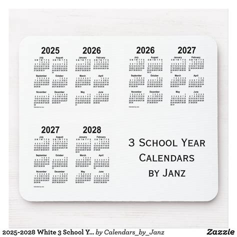 2025 2028 White 3 School Year Calendars By Janz Mouse Pad Zazzle