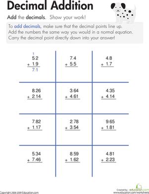 Fill in the missing numbers. Decimal Addition | Worksheet | Education.com