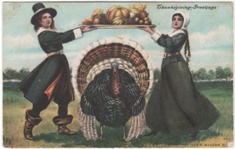 Pilgrim Couple Tray Harvest Bounty Turkey Gobbler Vintage Thanksgiving Postcard Thanksgiving