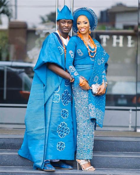 Sky Blue Traditional Wedding Aso Oke Outfits For Couple Bride And Groom