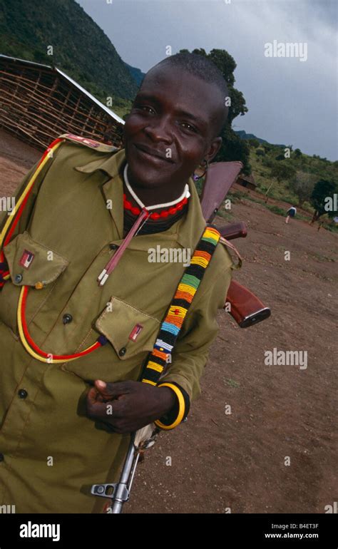 Portrait Of Karamojong Man In Uniform Karamoja Uganda Stock Photo Alamy