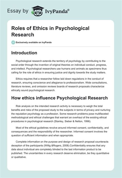 Roles Of Ethics In Psychological Research 570 Words Essay Example