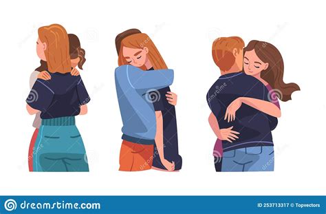 Set Of Young People Standing Together And Hugging Happy Friends And