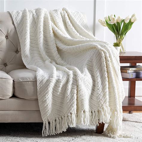 Bedsure Cream White Throw Blanket For Couch Knit Woven Chenille