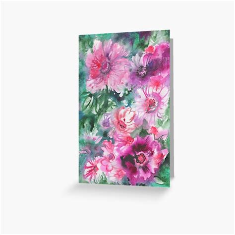 Watercolor Painting Of Pink Flowers On Green Background Greeting Card