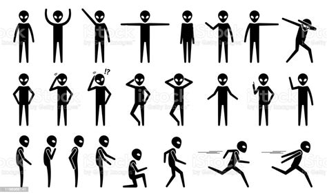 Basic Alien Ufo Body Poses And Postures Stick Figure Pictogram Icons