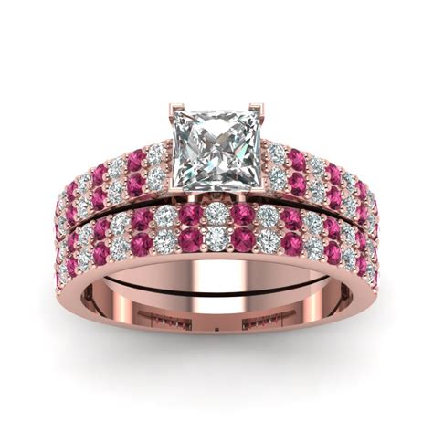 2 Row Princess Cut Diamond Bridal Ring Set With Pink Sapphire In 14k Rose Gold Fascinating