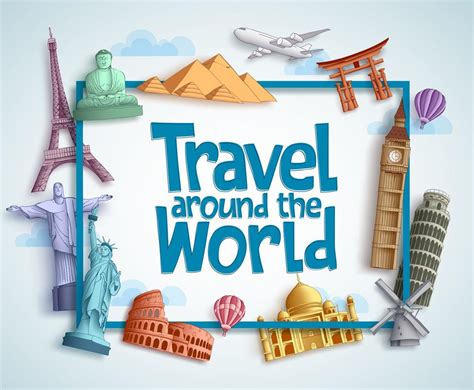 Travel Around The World Vector Banner Design With Frame And Famous